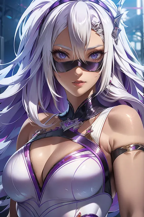 1womanl, White hair, hair with sex, Purple Plunge Neck Swimsuit, purples eyes.