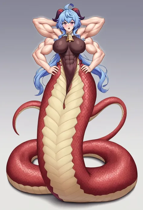 (masterpiece, best quality), best resolution, Ganyu lamia, gigantic muscular body, long lamia body, big breasts, 4 arms, full body.