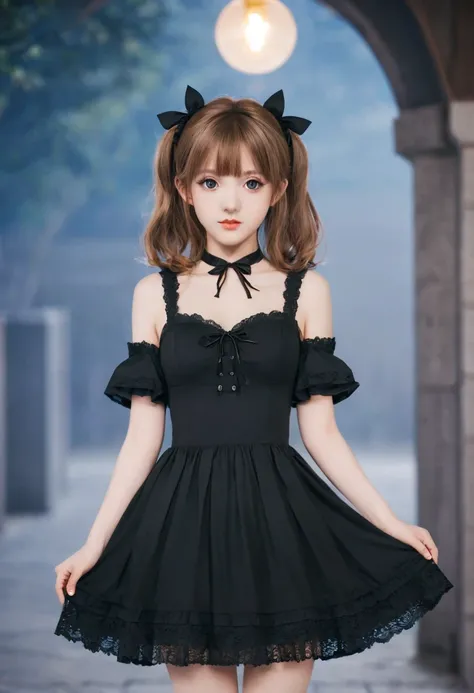 Horns、穿着带有骷髅的裙子的Anime Girl, ((Light brown hair))(Lolita in a skirt, gothic maiden Anime Girl, 穿着漂亮裙子的可爱Anime Girl, Anime cute art style, Anime Girl wearing a black dress, Night Core, (Anime Girl), Anime style 4k, Little curvy loli, High-quality anime art s...