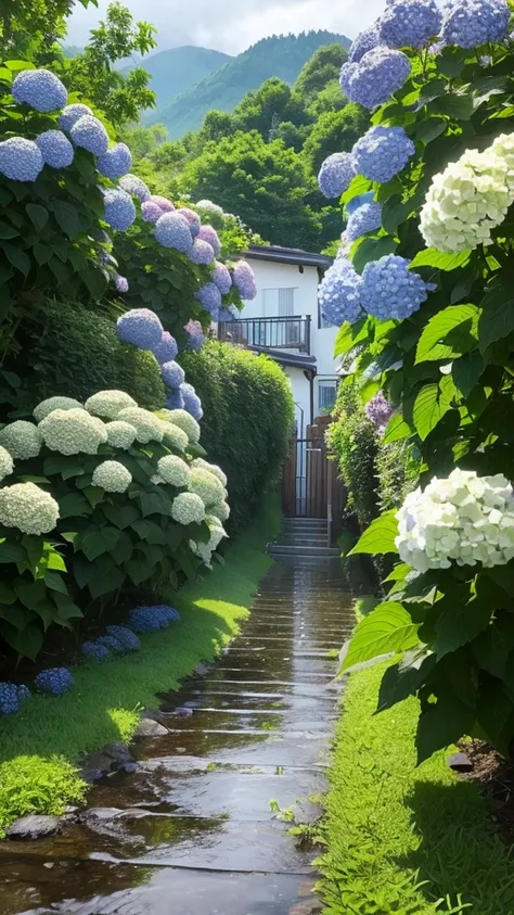 heavy rain　Raindrops　Hydrangea　Mountainous area　Spectacular views