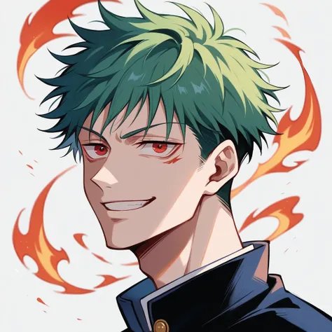 Teenager Boy. Green Hair, Red Eyes. Using a black kimono. He is with a evil smile. city with flames background. Jujutsu Kaisen Art Style.