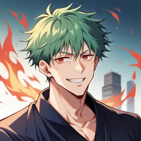 Teenager Boy. Green Hair, Red Eyes. Using a black kimono. He is with a evil smile. city with flames background. Jujutsu Kaisen Art Style.