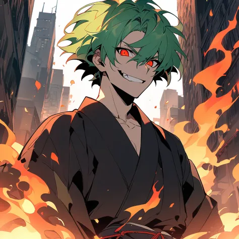 Teenager Boy. Green Hair, Red Eyes. Using a black kimono. He is with a evil smile. city with flames background. Jujutsu Kaisen Art Style.