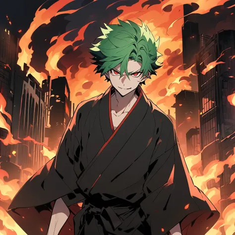 Teenager Boy. Green Hair, Red Eyes. Using a black kimono. He is with a evil smile. city with flames background. Jujutsu Kaisen Art Style.