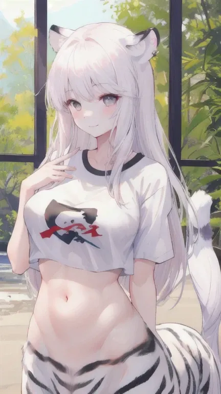 (best quality, masterpiece), 1 girl, centaur, It takes, White skin, Korean ,daughter,black pink,Smiling, exposing the abdomen, belly button t-shirt , 아름다운 소녀 Perfect wild white tiger photo, Perfect wild white tiger photo