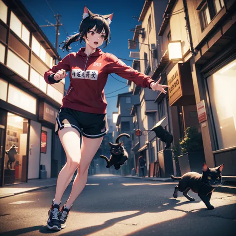 A photorealistic 3D detailed character, running pose, neko cat style, eccentric sneakers, along with black cat pet, hyperrealistic, cinematic lighting, highly detailed, intricate textures, dynamic motion blur, 4K, hyper detailed