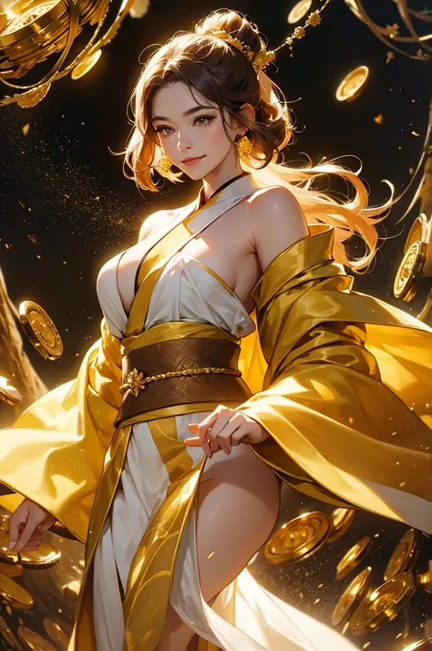 A beautiful woman in a gold kimono smiles against the backdrop of a mountain of gold nuggets, gold coins, and gold dust sparkling in the air.