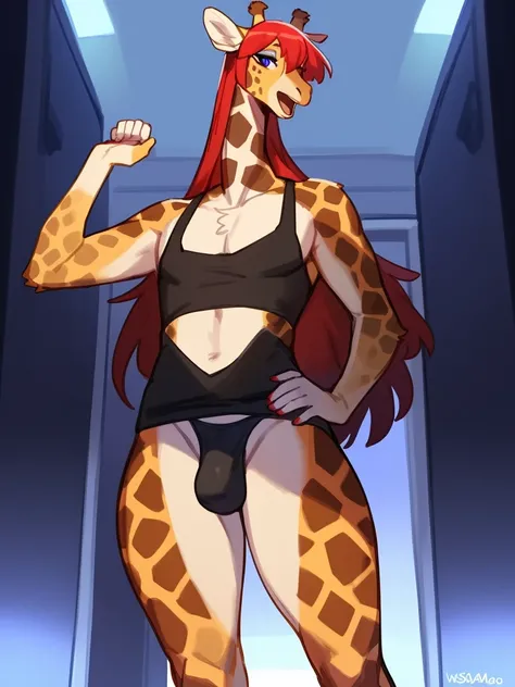 Masterpiece, hi res, absurdres, Best Quality, detailed, 4K, 8K, detailed,HD, By bebebebebe, by wsache, by greasymojo, by inu-sama, solo,tall,detailed eyes, male,girly, androgynous, curvy,thick, makeup, giraffe anthro,giraffe, red hair,long hair, long neck,...