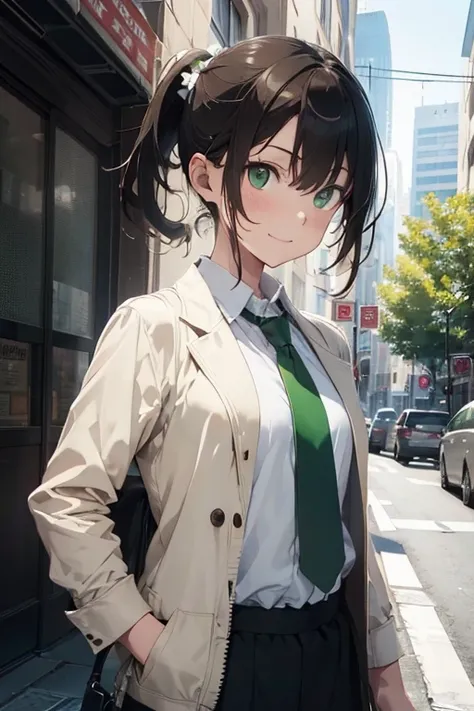 A , brown ponytail, white skin, short man, green eyes, masterpiece, punk jacket, white shirt, green tie, open shoulders, open sleeves, light smile, flower, quiet, restrained, (concept art)