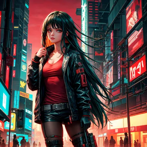 Beautiful girl with small breasts, Wearing a rugged jacket, Long hair, Robotic arm in cyberpunk night scene, Cyberpunk red green background