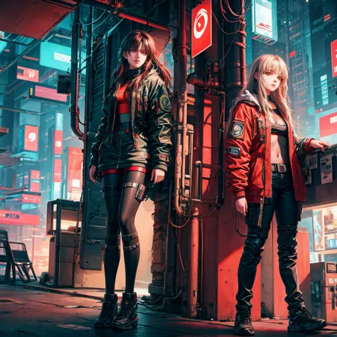 Beautiful girl with small breasts, Wearing a rugged jacket, Long hair, Robotic arm in cyberpunk night scene, Cyberpunk red green background