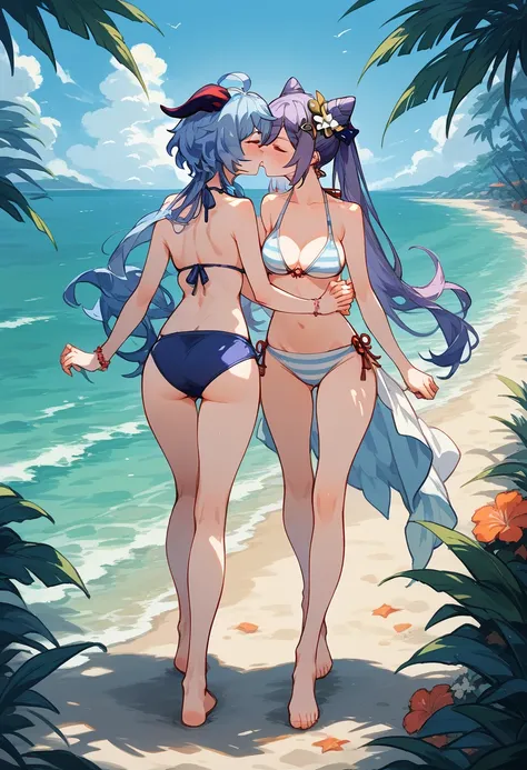 Genshin impact, 2 women, Yuri, purple hair keqing, ganyu, bikini, beach, walking, takes hands, kiss