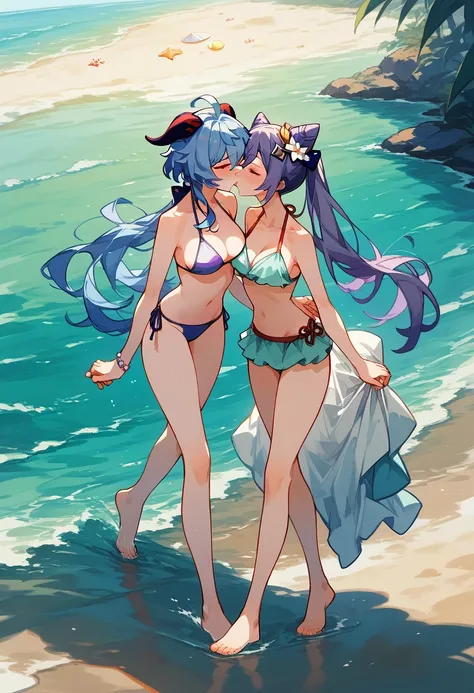 Genshin impact, 2 women, Yuri, purple hair keqing, ganyu, bikini, beach, walking, takes hands, kiss