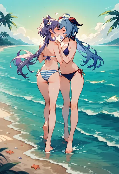 Genshin impact, 2 women, Yuri, purple hair keqing, ganyu, bikini, beach, walking, takes hands, kiss