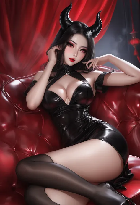 The expression of dissatisfaction and collapse，Sexy，【Pheromones】，《Chloroform》，《L cup》The  devil, Glamorous eye makeup。Wear cool and revealing clothes, Raise your left foot。The devil&#39;s cheeks are slightly red，Blind eyes，The female devil is Asian。The fem...