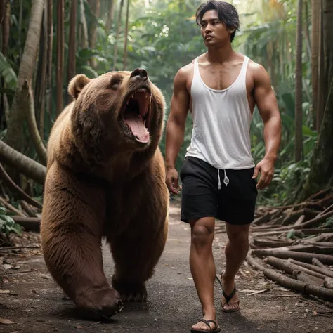 A handsome 30-year-old Indonesian man with layered hair, wearing a white singlet and black shorts, walks alongside a large bear that opens its mouth. The background is a jungle