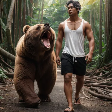 A handsome 30-year-old Indonesian man with layered hair, wearing a white singlet and black shorts, walks alongside a large bear that opens its mouth. The background is a jungle