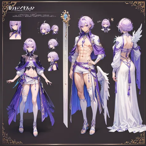 (Masterpiece, best quality), detailed, 1 man, ((character concept art)), ((character design sheet, same character, front, side, back)), full body, body complete, 1 Male angel, 1 Man angel, Detailed face, character design sheet，full bodyesbian, Highly detai...