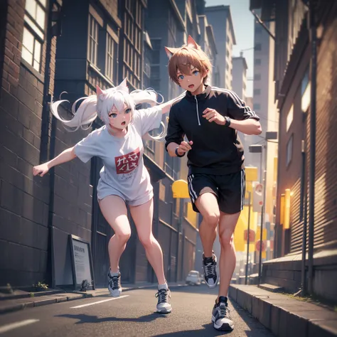 A photorealistic 3D detailed character, running pose, neko cat style, eccentric sneakers, along with black cat pet, hyperrealistic, cinematic lighting, highly detailed, intricate textures, dynamic motion blur, 4K, hyper detailed