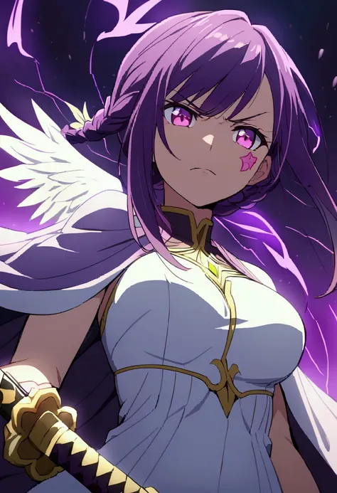 Anime woman with long dark blue with purple highlights wearing white warrior dress she she has Dark pink eyes has a bit of yellow shade from below has 1 flower braid and a beauty mark under her left eye grabbing one katana with purple blade in the sky look...