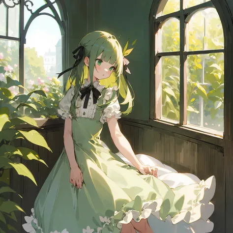 (masterpiece, Highest quality),One girl,(skinny:1.2),Outdoor,garden, window, Long Hair, Blunt bangs, Green and White dress,Hair Ribbon,Frill dress