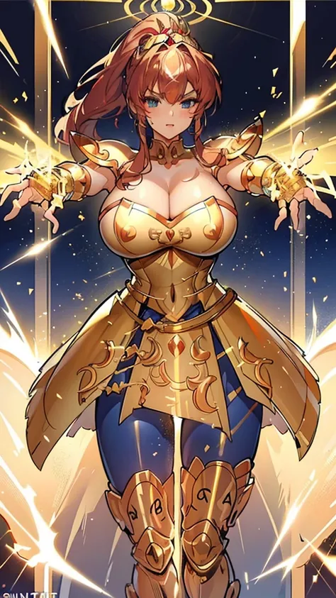 Gold Armor, 4K image, rallies, best quality, masterpiece, movie lighting ，Sexy，Large Breasts，Cleavage，action，In battle，cleavage，anger，noble，Light beams from hands，Golden lightning all around，red hair，ponytail hairstyle，Saint Seiya Leo Aiolia，Wink，lipstick