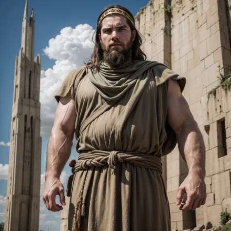 Giant from biblical times surrounding people of normal height 