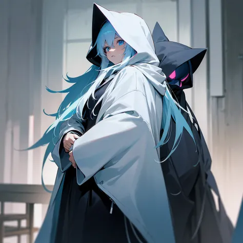 A character from a video game or animation, standing in a dimly lit room, with long white hair and wearing a large, fluffy white hoodie with black accents. The hoodie has ears on the top, making it resemble an animal costume. The characters face is visible...