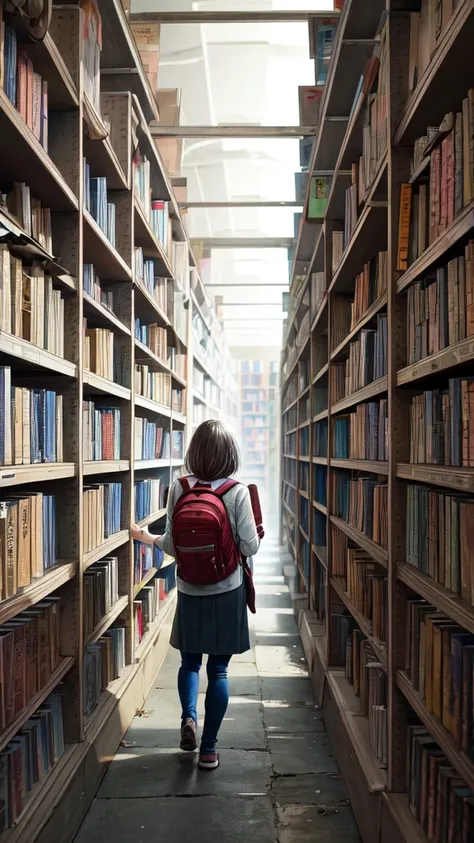 Alex, a student with a backpack, is seen browsing through the rows of books, looking for resources for a history paper. The camera follows them as they reach for a particularly ancient book on the top shelf. As Alex pulls the book, the camera zooms in to r...