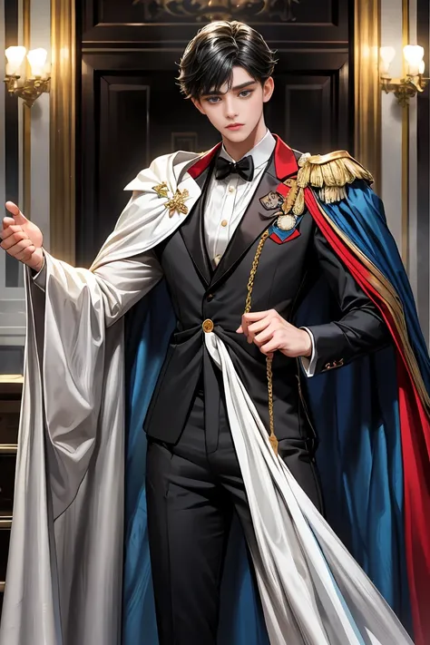 
masterpiece, 最high quality, high quality, 1 boy, alone, Male focus, Watching the audience,  Messy black hair, Adorable big blue eyes, White people, Noble, Noble,Sexy voluminous cape、Tuxedo、A very voluminous, large, very large, very large, long, long red a...