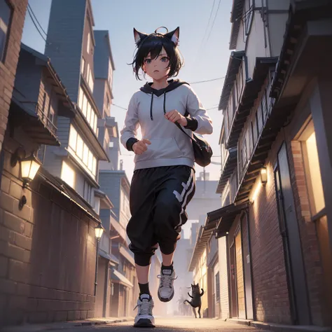 A photorealistic 3D detailed character, jogging pose, neko cat style, eccentric sneakers, along with black cat pet, hyperrealistic, cinematic lighting, highly detailed, intricate textures, dynamic motion blur, 4K, hyper detailed