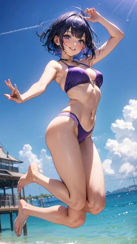 1girl, solo, bangs, blue hair, necklace, parted lips, purple eyes, short hair, smile, solo, two piece purple swimsuit, sandy pier background, jumping in the air, full body portrait, back view, from below