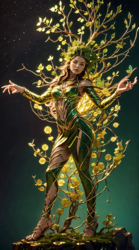 Plant Girl，Vine Princess，The Witch of Thorns，Beautiful line art photos，Use gold strokes and rainbow paint，Golden Maiden，Golden Ratio，Melted wax，Visible brushstrokes，Surrounded by a crystal ball，3D Mosaic Wireframe，neuroimaging，Neurons，tree of Life，color，Ca...