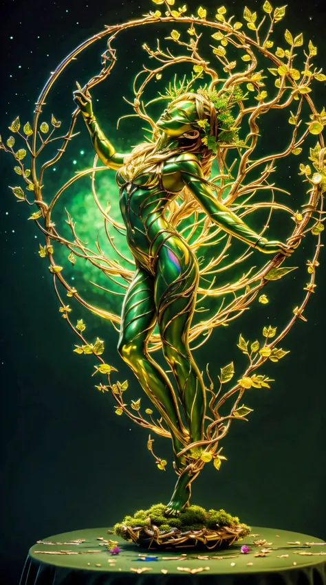 Plant Girl，Vine Princess，The Witch of Thorns，Beautiful line art photos，Use gold strokes and rainbow paint，Golden Maiden，Golden Ratio，Melted wax，Visible brushstrokes，Surrounded by a crystal ball，3D Mosaic Wireframe，neuroimaging，Neurons，tree of Life，color，Ca...