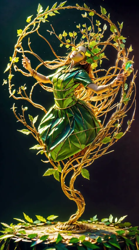 Plant Girl，Vine Princess，The Witch of Thorns，Beautiful line art photos，Use gold strokes and rainbow paint，Golden Maiden，Golden Ratio，Melted wax，Visible brushstrokes，Surrounded by a crystal ball，3D Mosaic Wireframe，neuroimaging，Neurons，tree of Life，color，Ca...