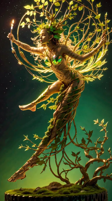 Plant Girl，Vine Princess，The Witch of Thorns，Beautiful line art photos，Use gold strokes and rainbow paint，Golden Maiden，Golden Ratio，Melted wax，Visible brushstrokes，Surrounded by a crystal ball，3D Mosaic Wireframe，neuroimaging，Neurons，tree of Life，color，Ca...