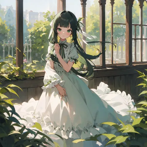 (masterpiece, Highest quality),One girl,(skinny:1.2),Outdoor,garden, window, Long Hair, Blunt bangs, Green and White dress,Hair Ribbon,Frill dress