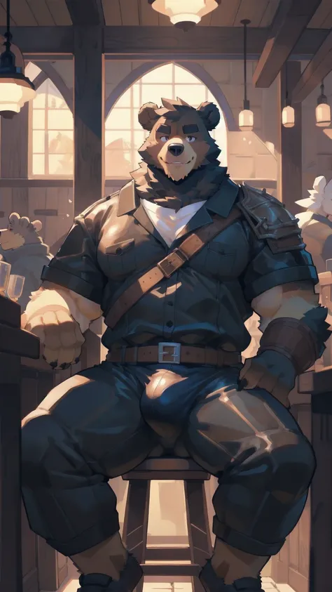 Solo, male, sitting at tavern, bulge, by bigcozyorca, by goonie-san, by bebebebebe, by spikedmauler, front view, big buff , bear,  ebony black fur, black fur, bushy tail, buff, wearing brown fantasy leather armor, tall, masculine,  bulge, sexy, sexy expres...