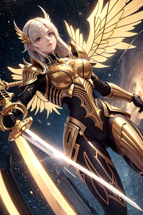 (masterpiece, best quality:1.3),Very detailed, complex, 8K, Human Development Report, wallpaper, light, (universe),(Holding a sword:1.3), Luminescence, armor, Luminescence eyes, Mecha, Big Wings,    