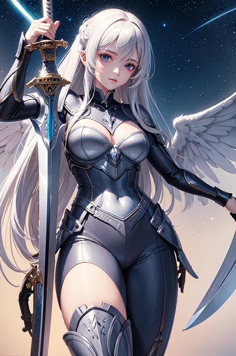 (masterpiece, best quality:1.3),Very detailed, complex, 8K, Human Development Report, wallpaper, light, (universe),(Holding a sword:1.3), Luminescence, armor, Luminescence eyes, Mecha, Big Wings,    