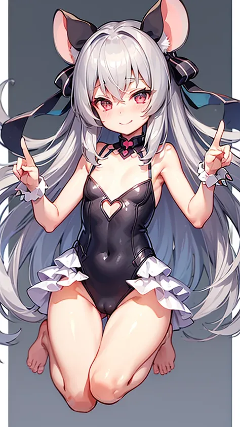 ((masterpiece))((Highest quality))Mouse Ears、girl、smile、blush、Flat Chest、Are thin、、low length、Gray Hair、blush、Are standing、Whole body image、Even your toes are visible、Eye level on face、front、No background、Mouse pose、真frontのアングル