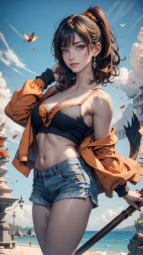 24-year-old female、Sexy proportionature female body、Bleached Hair, Model pose, Delicate skin types, Light curly hair、Hair model photo、Twin tails、Orange gradient color、Scrunchies on the wrist、Sexy proportions、Off-the-shoulder tops、Navel visible、Shorts、short...