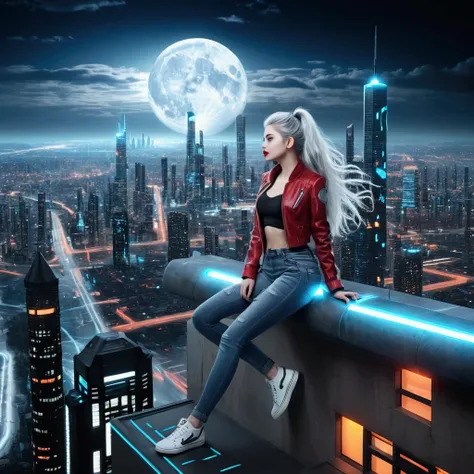 (Sci-fi fantasy), (Masterpiece), (professional oil painting) (best quality), (8k resolution), (1 beautiful girl), ((pale gray skin)), (iron gray skin), ((jeans clothes)),(red jacket)), ((black t-shirt underneath), ((red lipstick)), ((black sneakers)), (com...