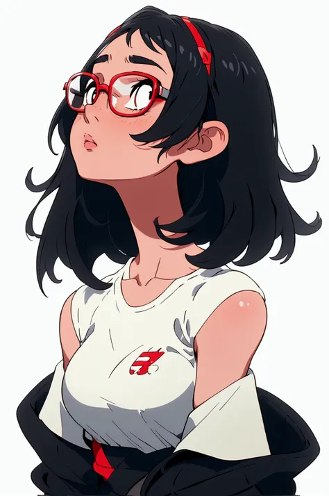 Sexy girl with bob cut wears glasses, white background, black eyes, face waiting for kiss, white skin, big breasts, looking up, black hair, Facing forward, bare shoulders, highlighting breasts, parted lips, red cheek, half body