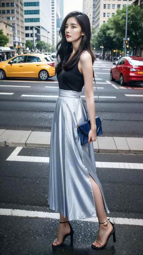 summer，18 years old plump girl，Clear facial features，Exquisite makeup，（Tight hip skirt，High-heeled sandals），Thin waist and thick hips，City Streets，Full body photos from all angles，Fashion