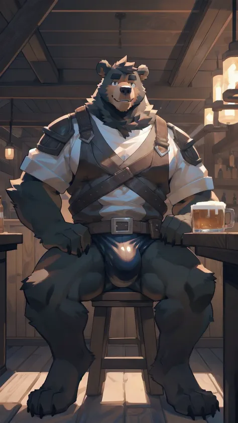 Solo, male, sitting at tavern, bulge, by bigcozyorca, by goonie-san, by bebebebebe, by spikedmauler, front view, big buff , bear,  ebony black fur, black fur, bushy tail, buff, wearing brown fantasy leather armor, tall, masculine,  bulge, sexy, sexy expres...