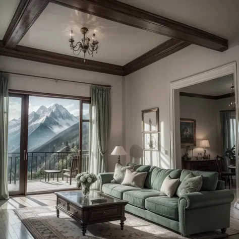 super realistic photograph of a living room in luxury charming gothic style with white color,  green and gray surrounded by mountains cozy and tranquil, sharpness in details 8k quality