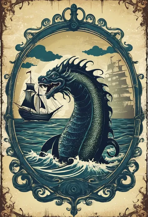 an illustration，Medieval retro style，Nautical theme，Sea Monster，Dark background，Retro shabby atmosphere，Caribbean Type