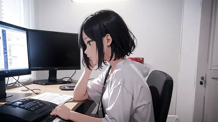 A female programmer in her 20s、Draw a scene where you are working in your room at home。She has a short hairstyle、Concentrating and staring at the computer screen。The room is dark because it&#39;s night.、keyboard on the desk、mouse、There are also several pro...