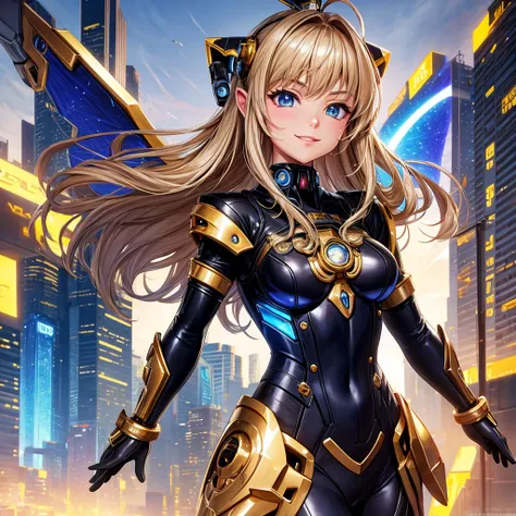 masterpiece,(best quality),Very detailed,Extremely detailed,1 Girl,(Mechanicalwing:Golden,Glowing eyes:blue,Goldenrarmor:1.2,Long ears:0.8),(Cyberpunk City:1.5,arms:Energy Blade),(Fantasy Landscape:1.2,Natural Lighting:1.5,Confident expression),(panoramic:...